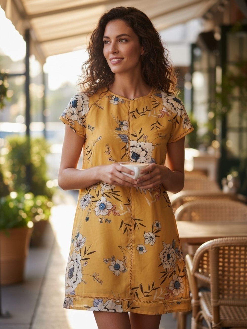 miami Mustard Babydoll Floral Mini Dress